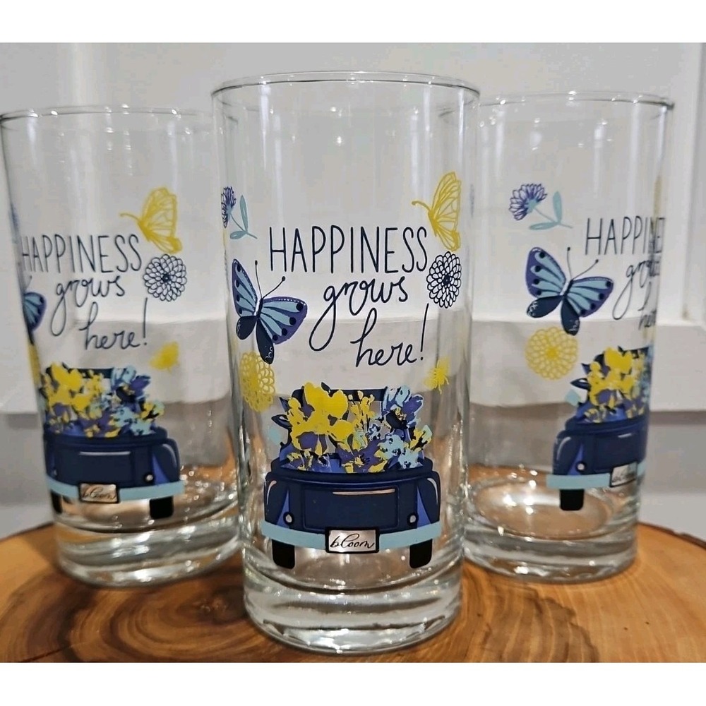 Vintage Set Of 3 "Happiness Grows Here" Drinking Tumbler Glasses Tall 16oz - Picture 1 of 7